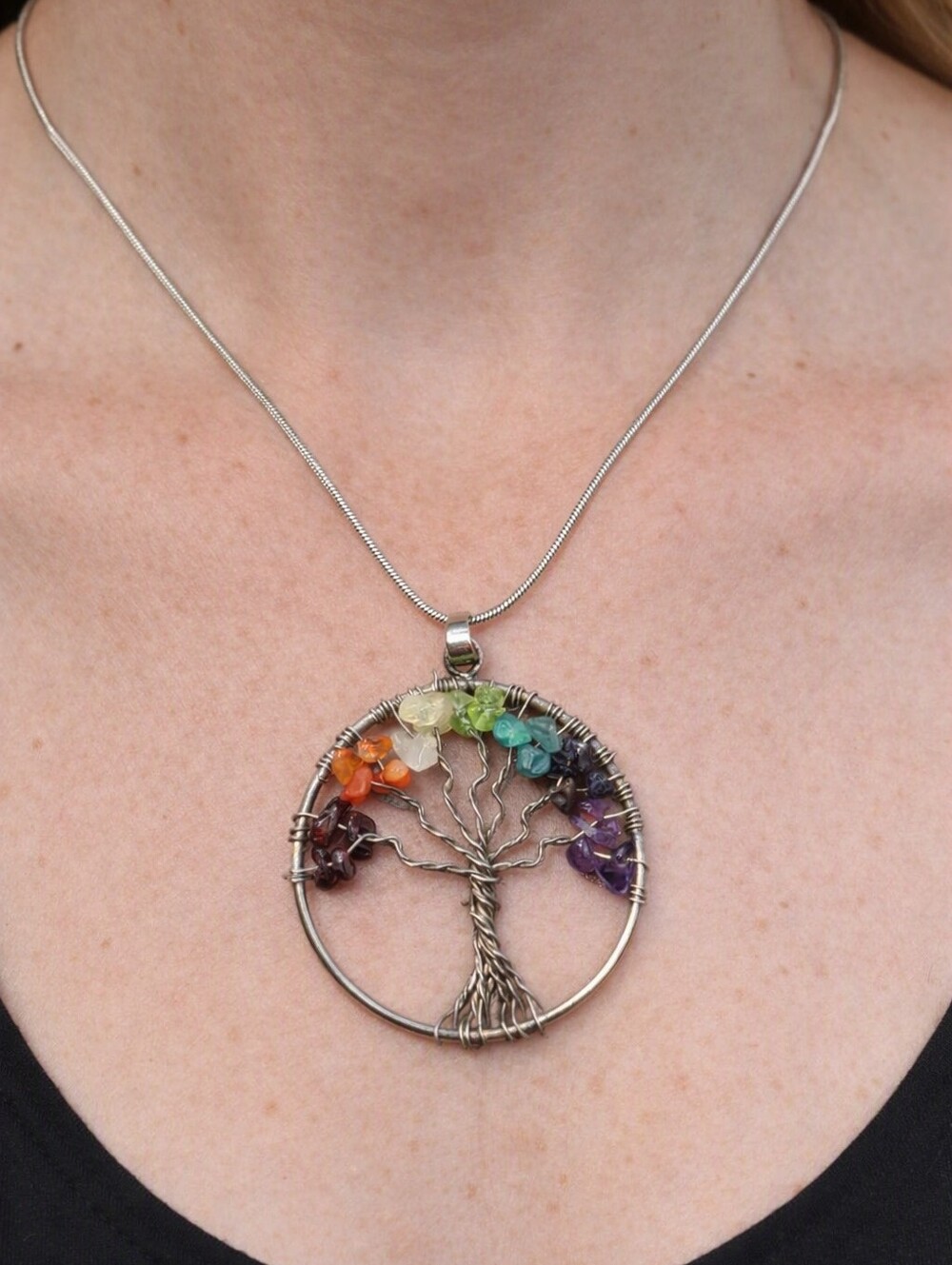 Handmade Tree Of Life Gemstone Chip Pendant Wire Wrapped Chakra Boho Jewelry